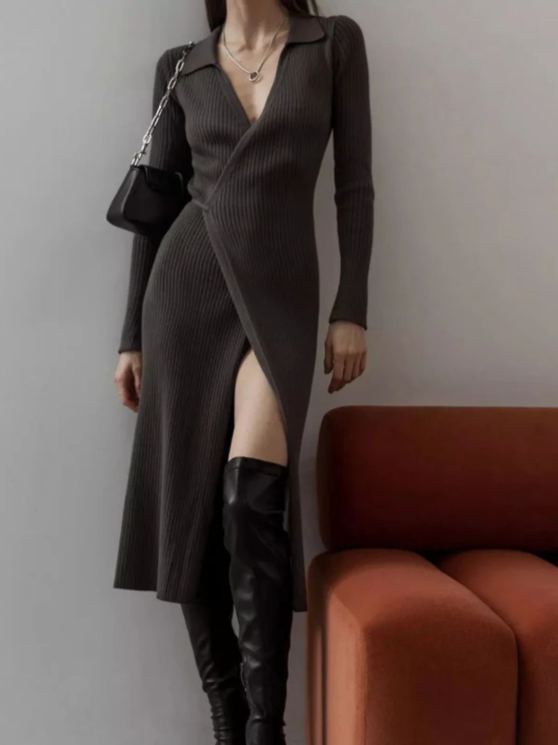 Tied Collared Neck Long Sleeve Sweater Dress - Flip Flop Dynasty