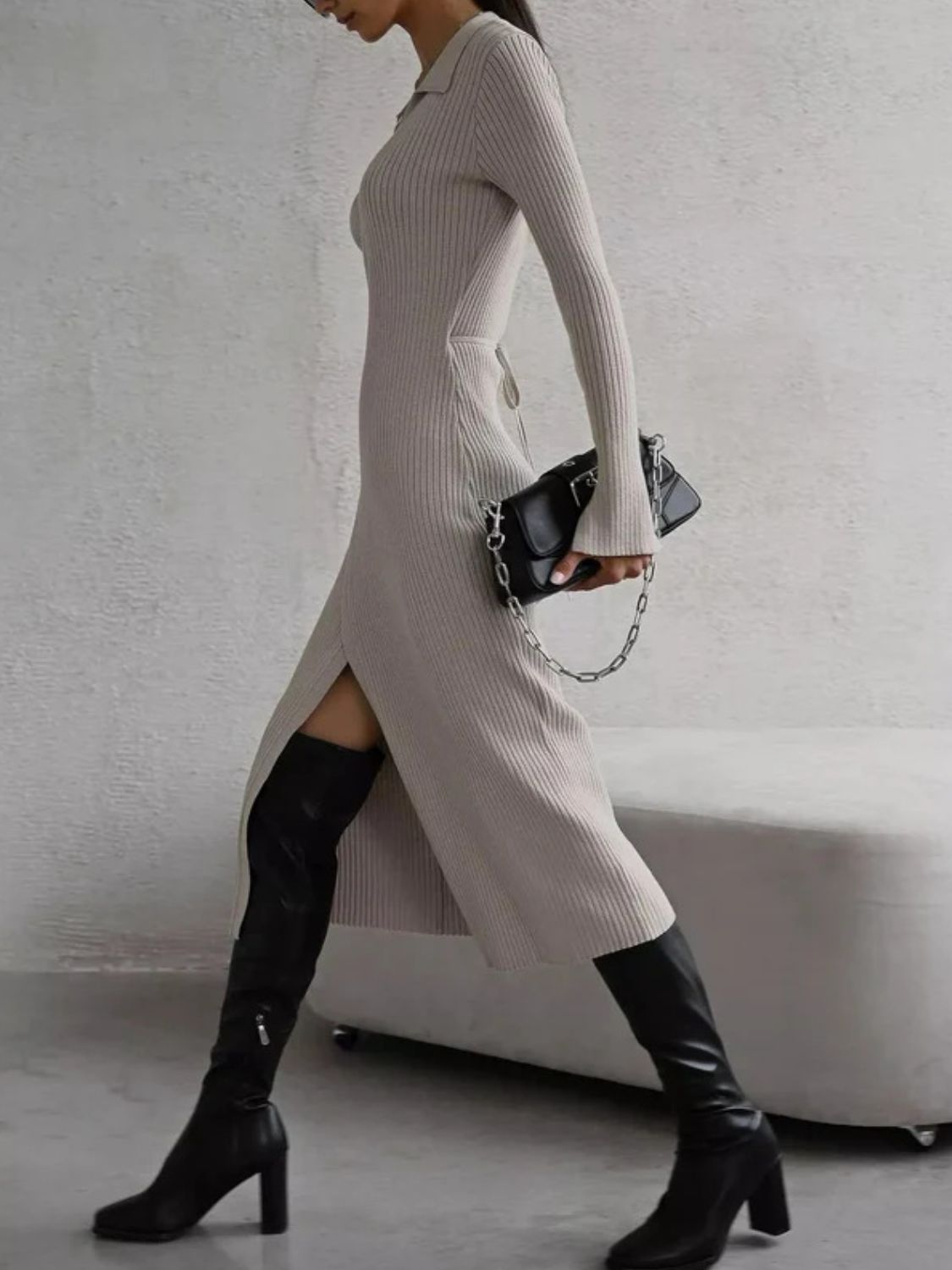 Tied Collared Neck Long Sleeve Sweater Dress - Flip Flop Dynasty