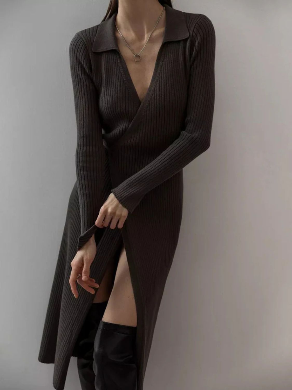 Tied Collared Neck Long Sleeve Sweater Dress - Flip Flop Dynasty