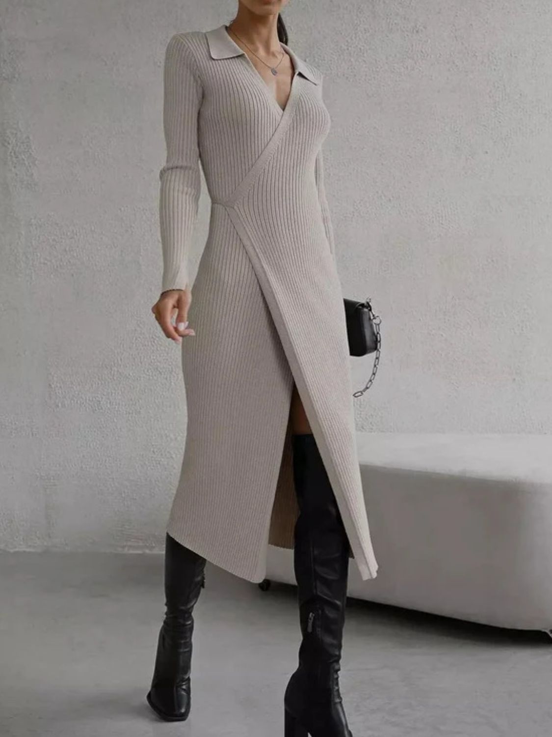 Tied Collared Neck Long Sleeve Sweater Dress - Flip Flop Dynasty