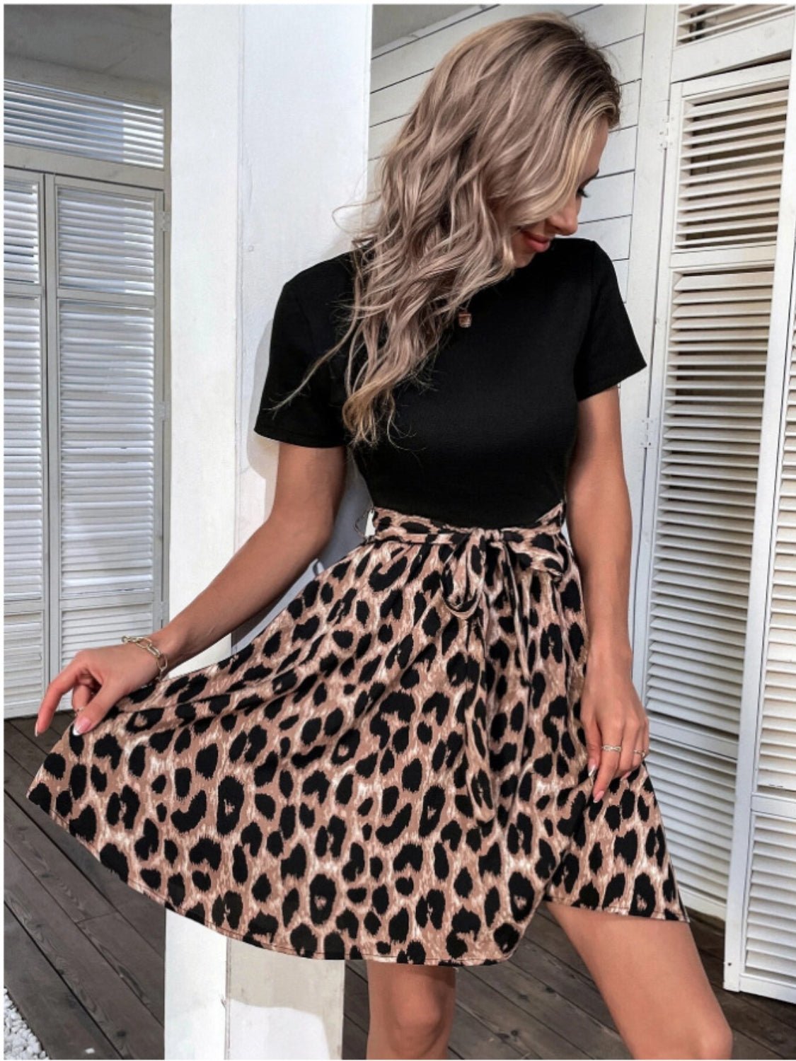 Tied Front Contrast Leopard Short Sleeve Mini Dress - Flip Flop Dynasty
