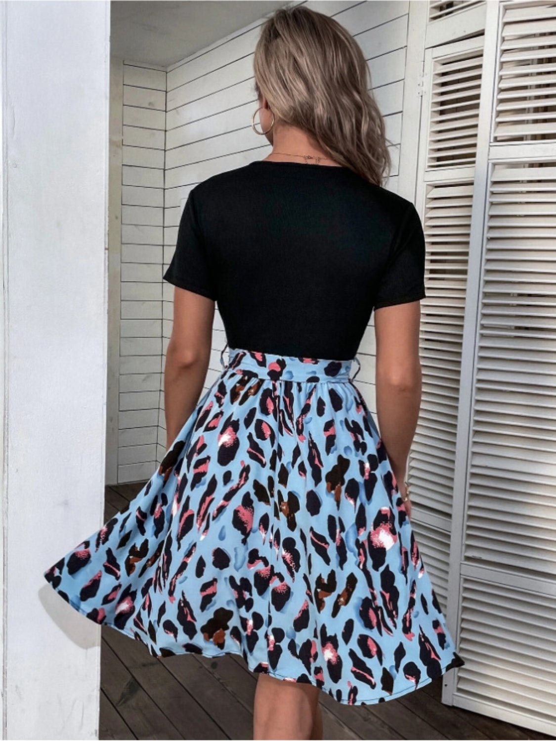 Tied Front Contrast Leopard Short Sleeve Mini Dress - Flip Flop Dynasty