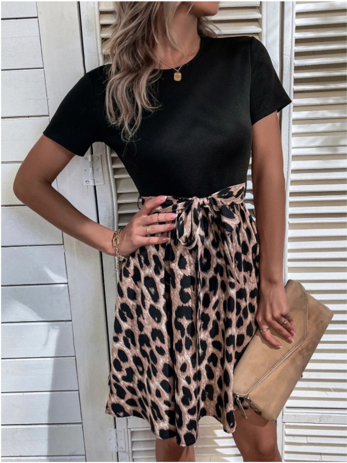 Tied Front Contrast Leopard Short Sleeve Mini Dress - Flip Flop Dynasty