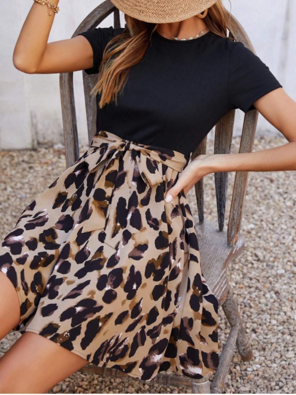 Tied Front Contrast Leopard Short Sleeve Mini Dress - Flip Flop Dynasty