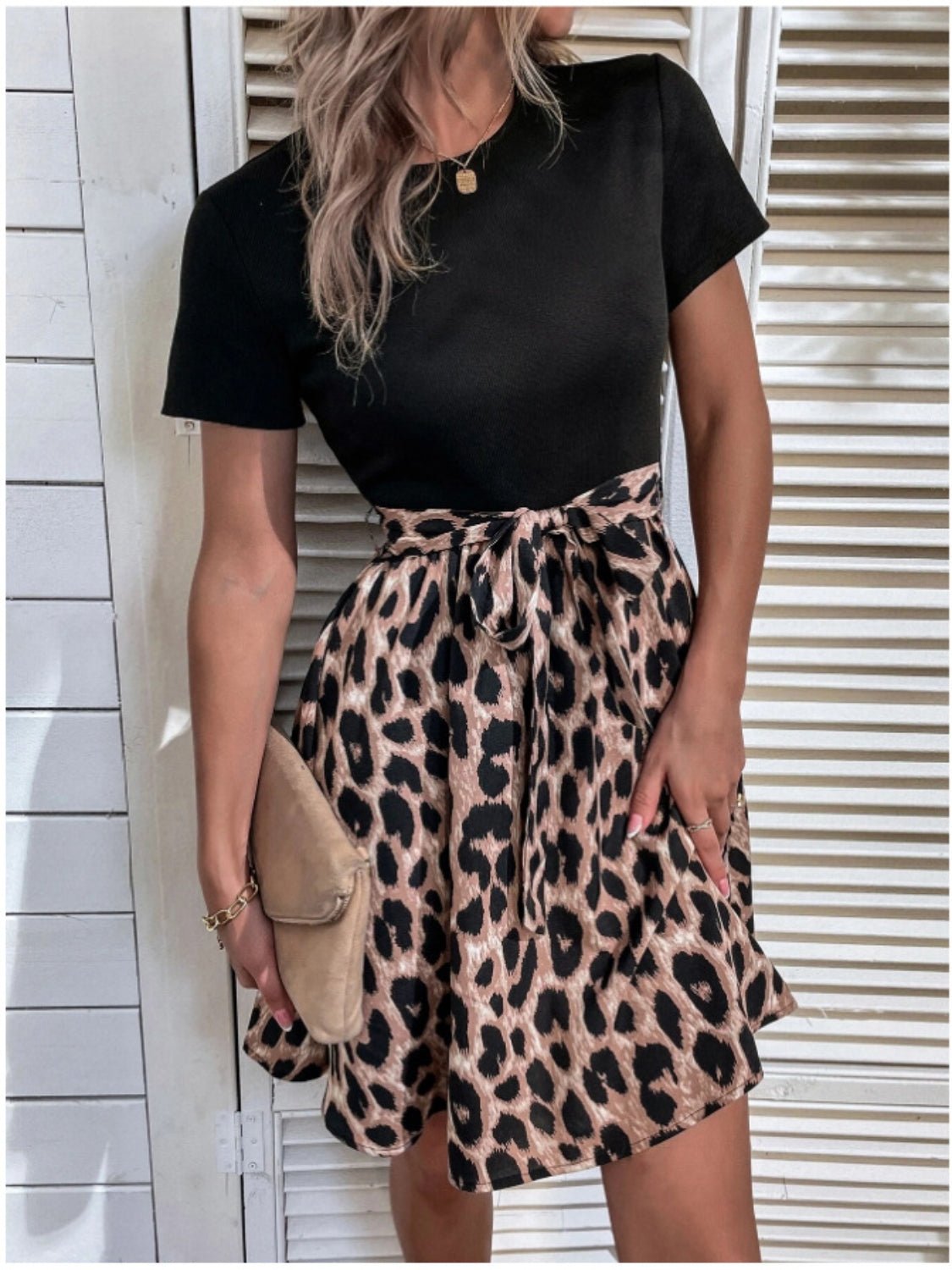 Tied Front Contrast Leopard Short Sleeve Mini Dress - Flip Flop Dynasty