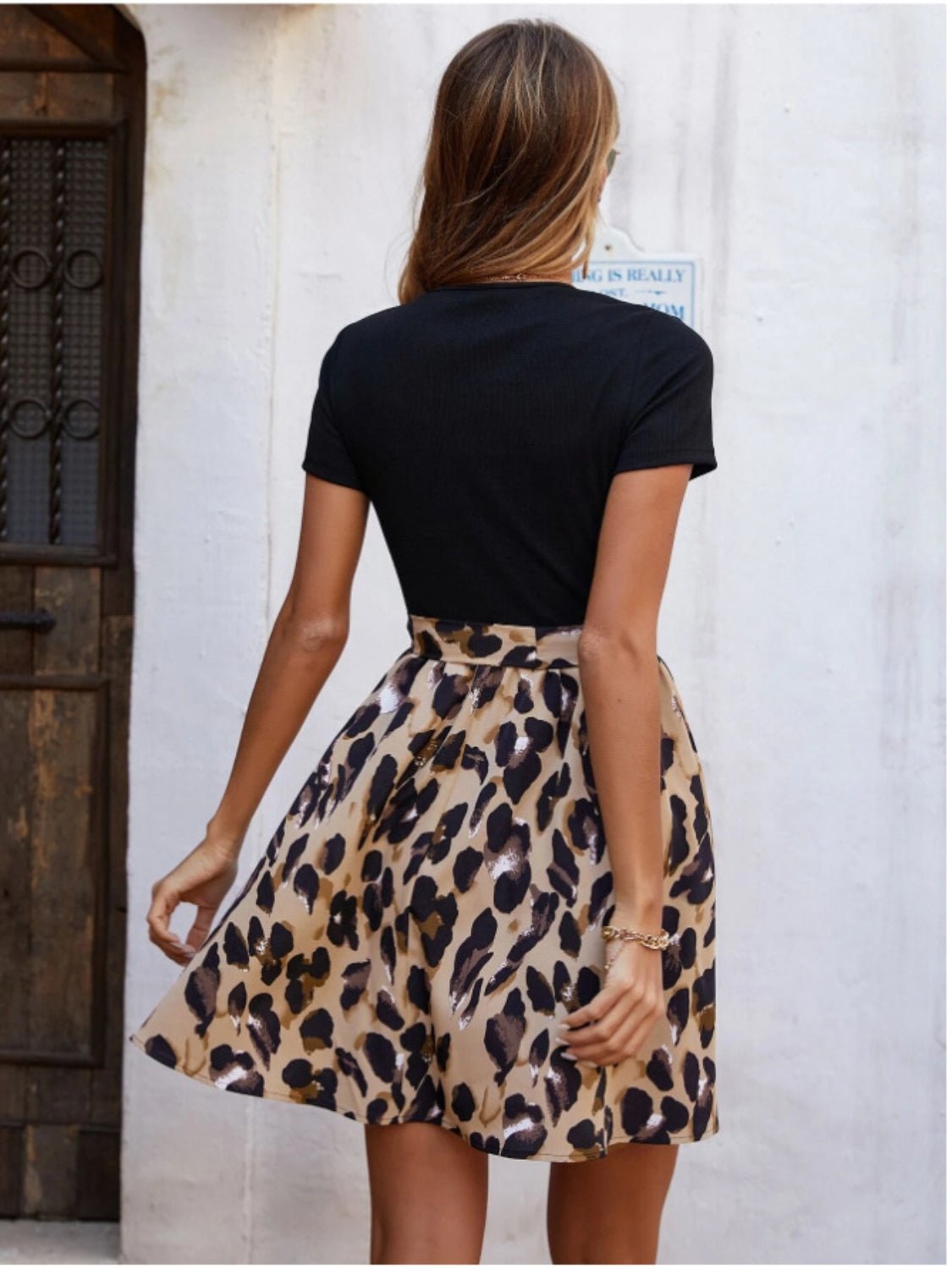 Tied Front Contrast Leopard Short Sleeve Mini Dress - Flip Flop Dynasty