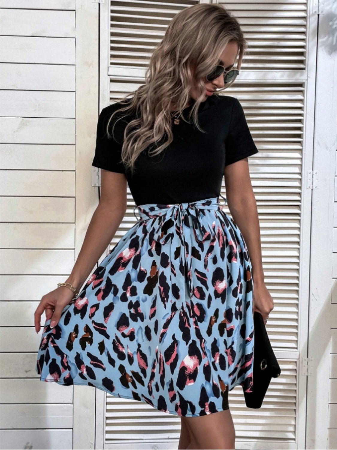 Tied Front Contrast Leopard Short Sleeve Mini Dress - Flip Flop Dynasty