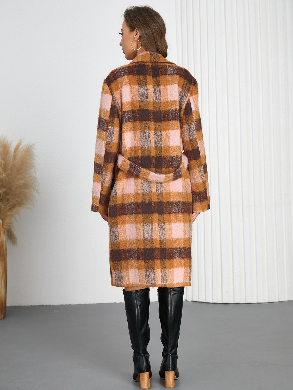 Tied Plaid Collared Neck Coat - Flip Flop Dynasty