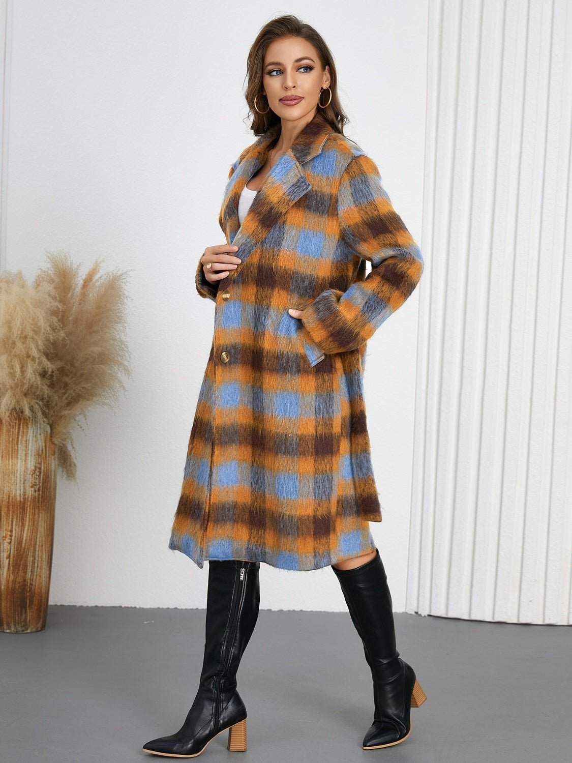 Tied Plaid Collared Neck Coat - Flip Flop Dynasty