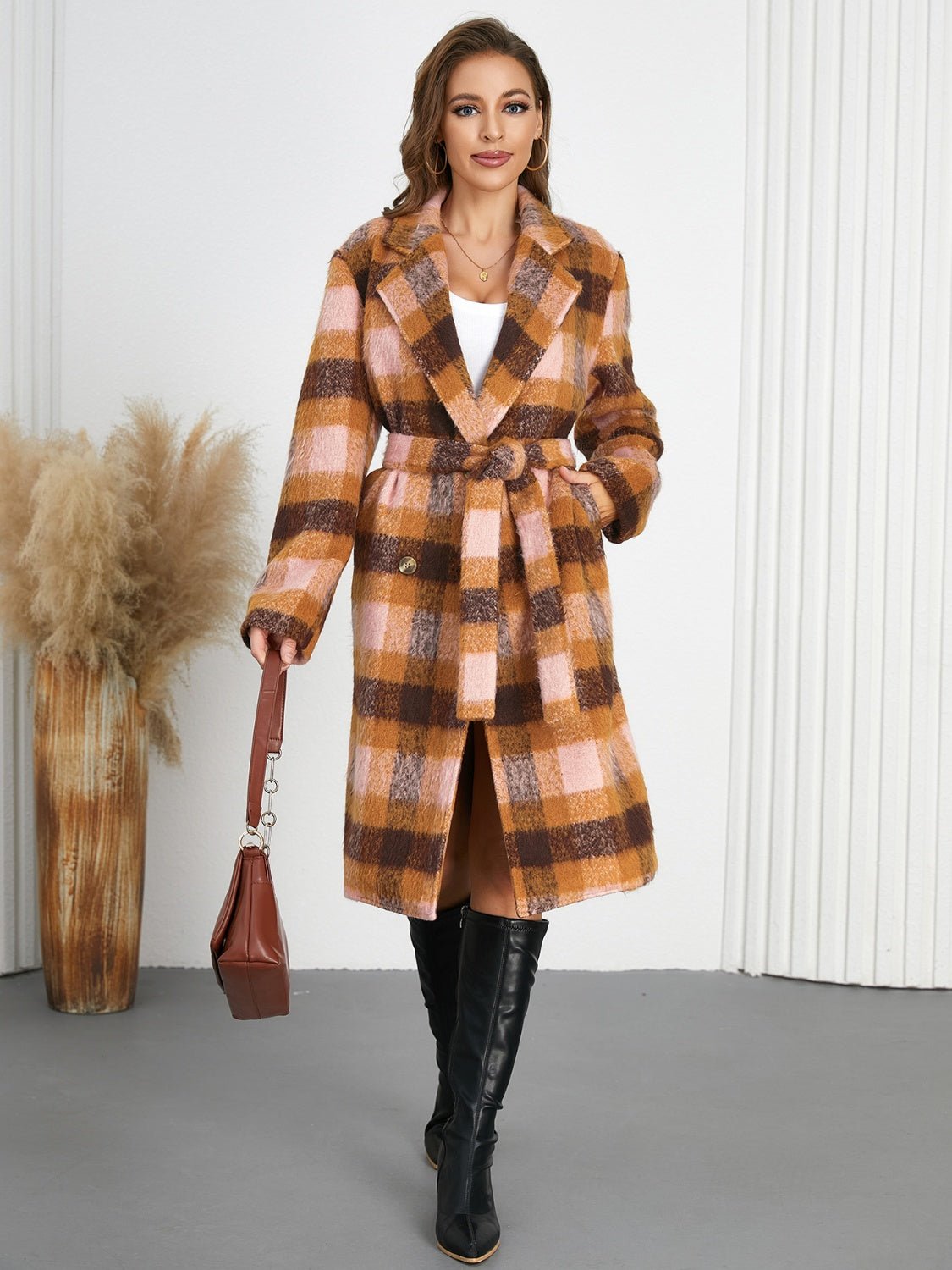 Tied Plaid Collared Neck Coat - Flip Flop Dynasty