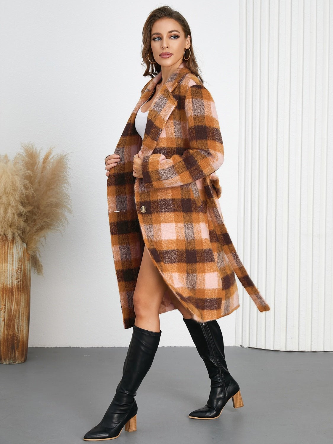 Tied Plaid Collared Neck Coat - Flip Flop Dynasty