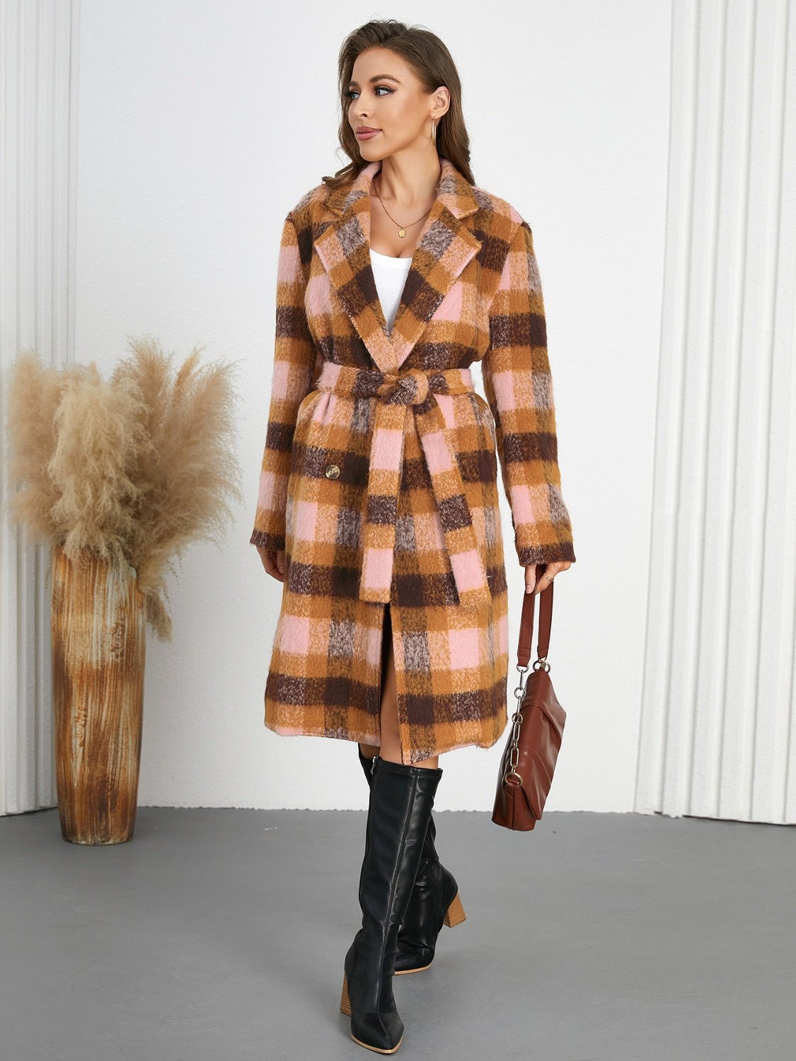 Tied Plaid Collared Neck Coat - Flip Flop Dynasty