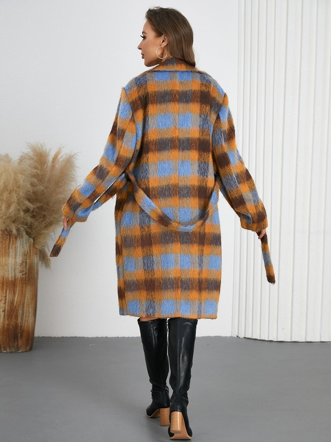 Tied Plaid Collared Neck Coat - Flip Flop Dynasty