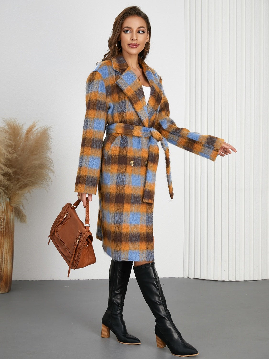 Tied Plaid Collared Neck Coat - Flip Flop Dynasty