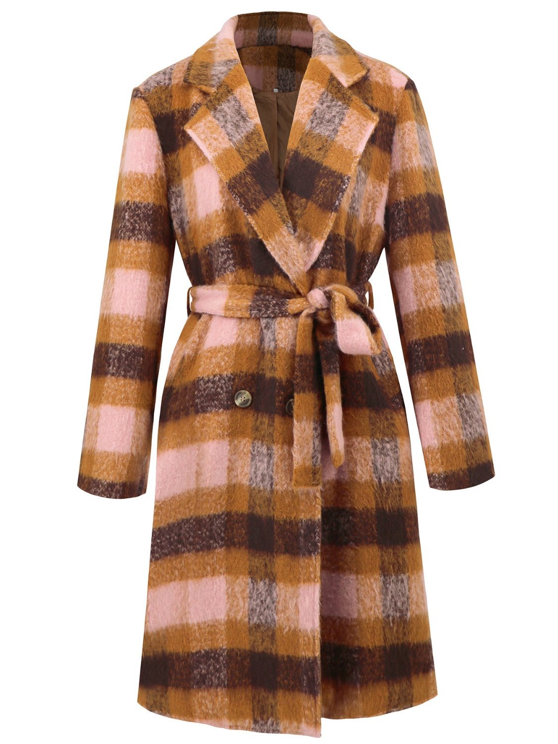 Tied Plaid Collared Neck Coat - Flip Flop Dynasty