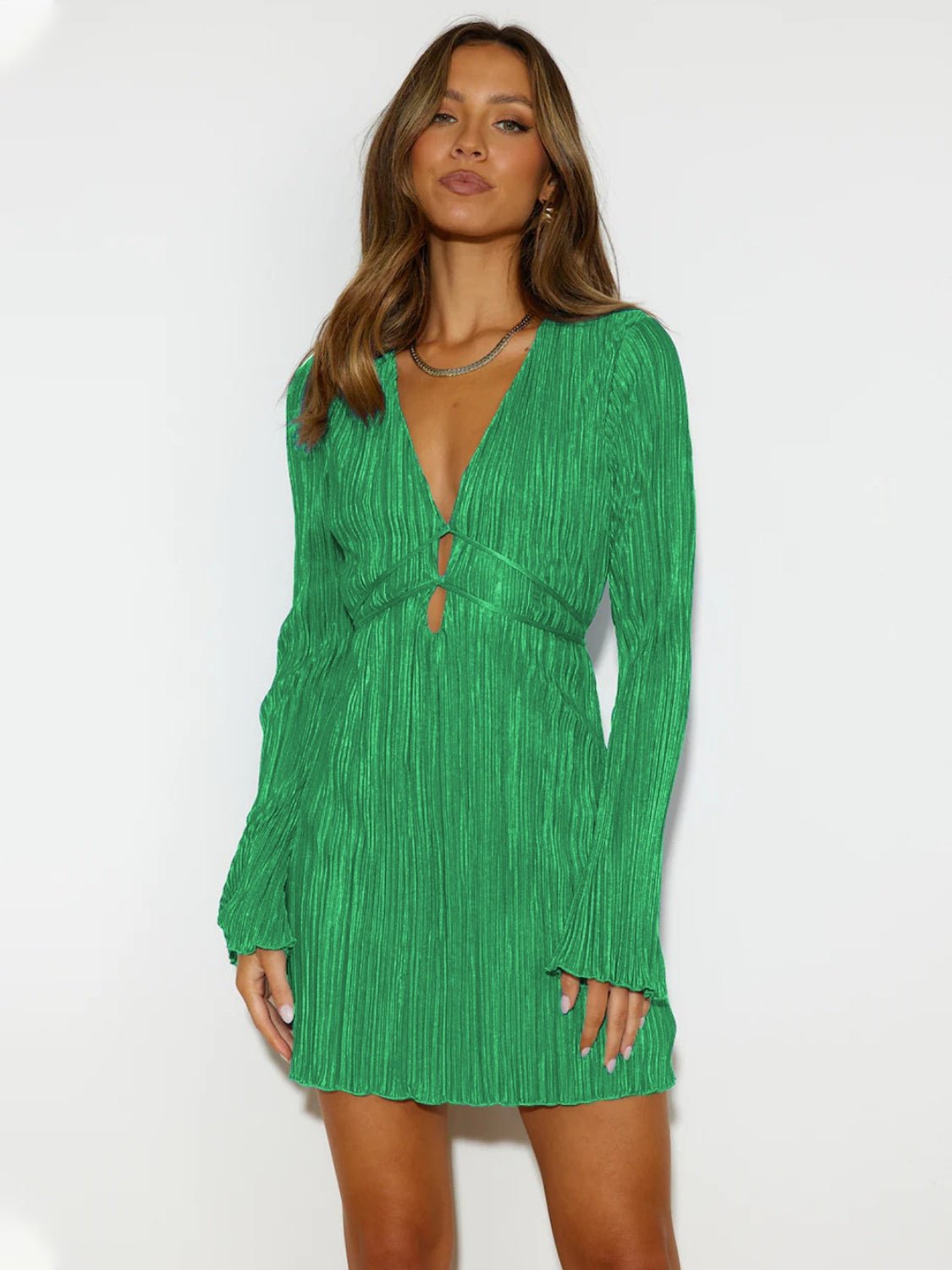 Tied Plunge Flare Sleeve Mini Dress - Flip Flop Dynasty