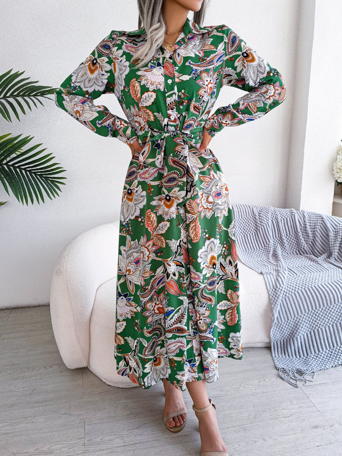 Tied Printed Long Sleeve Midi Dress - Flip Flop Dynasty