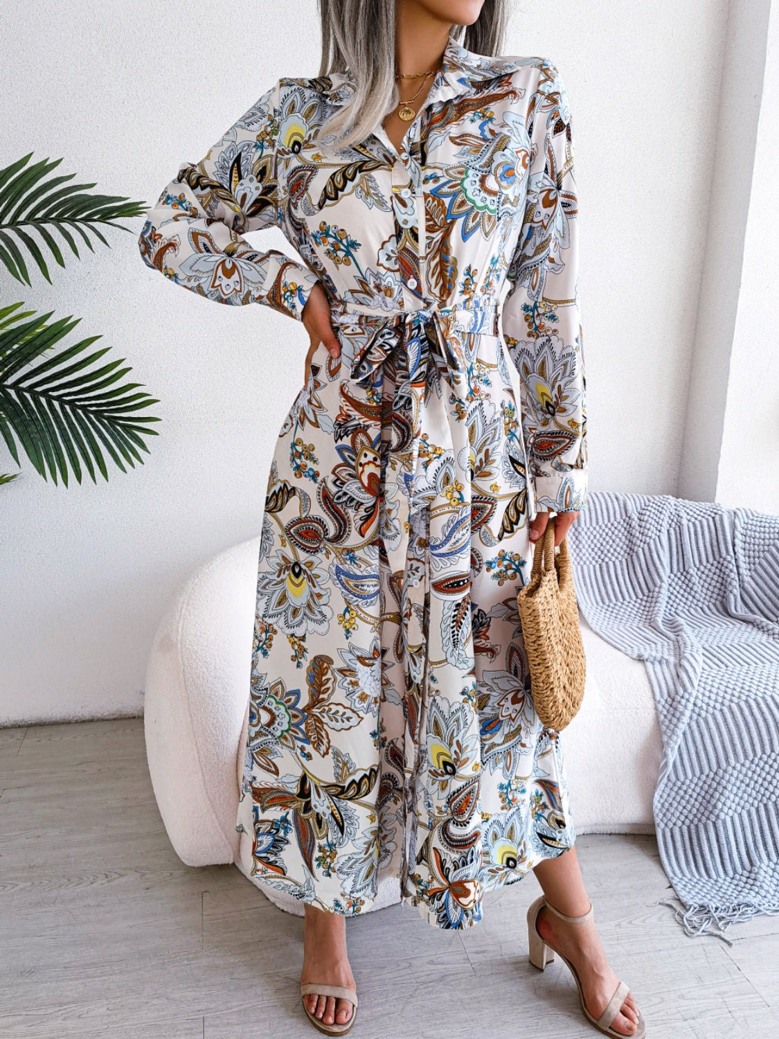 Tied Printed Long Sleeve Midi Dress - Flip Flop Dynasty