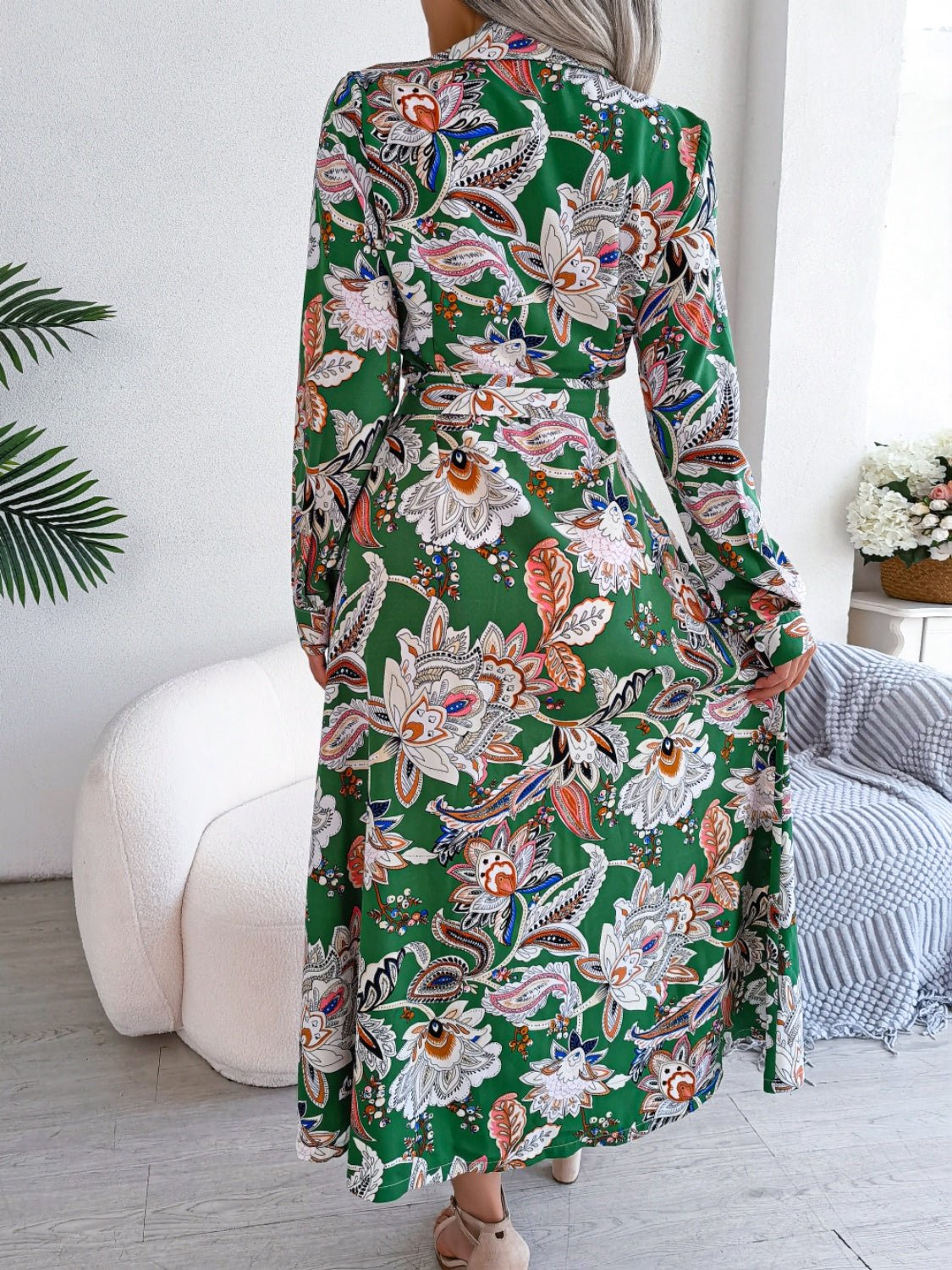 Tied Printed Long Sleeve Midi Dress - Flip Flop Dynasty
