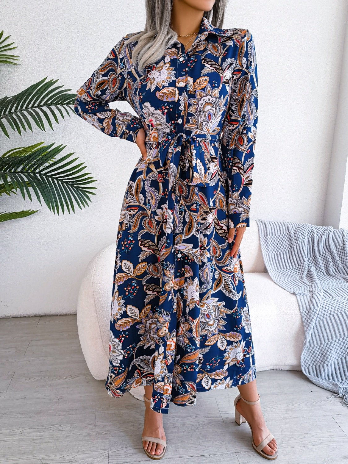 Tied Printed Long Sleeve Midi Dress - Flip Flop Dynasty