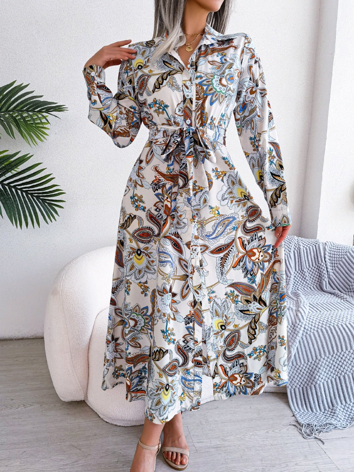 Tied Printed Long Sleeve Midi Dress - Flip Flop Dynasty
