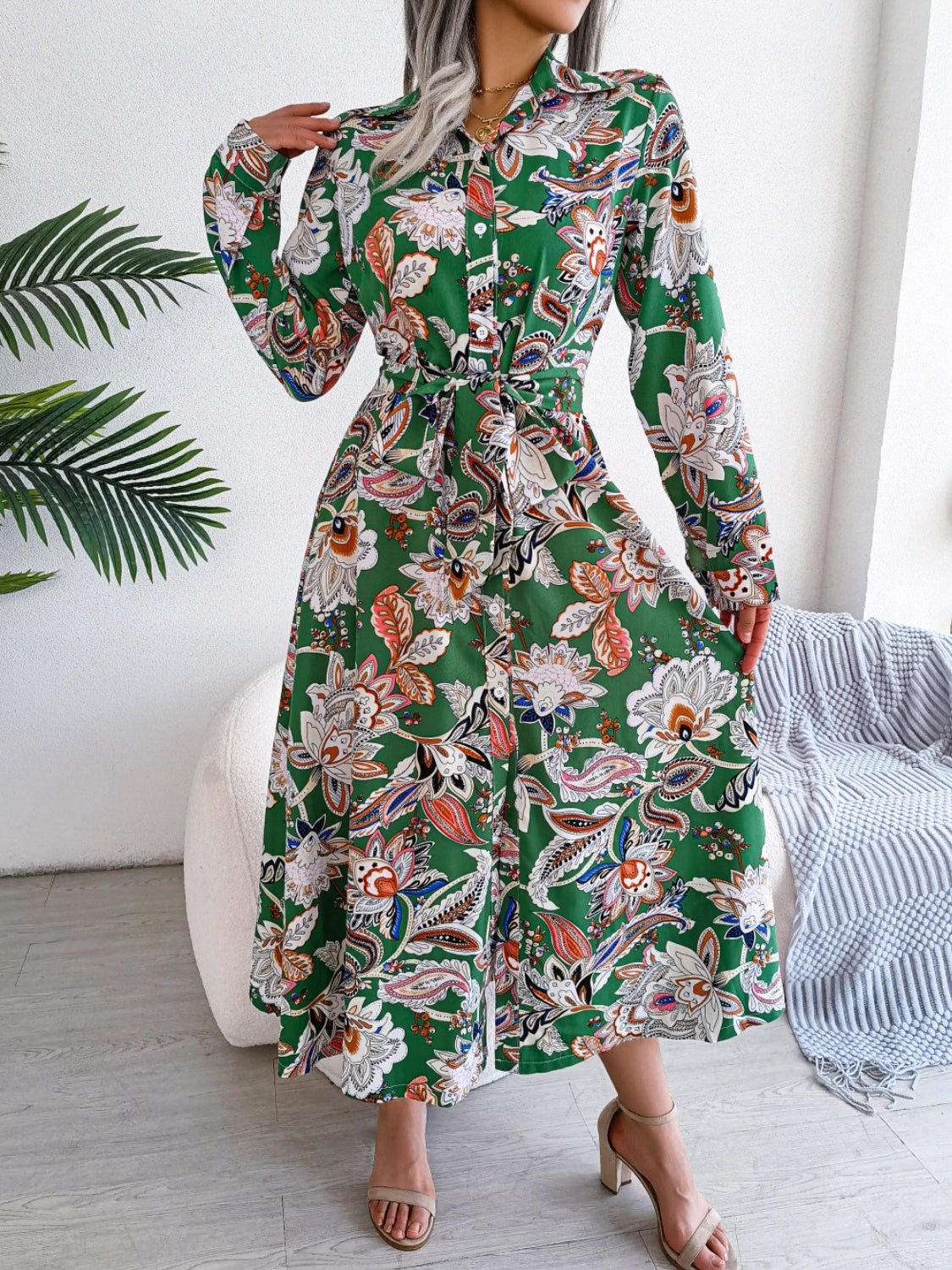 Tied Printed Long Sleeve Midi Dress - Flip Flop Dynasty