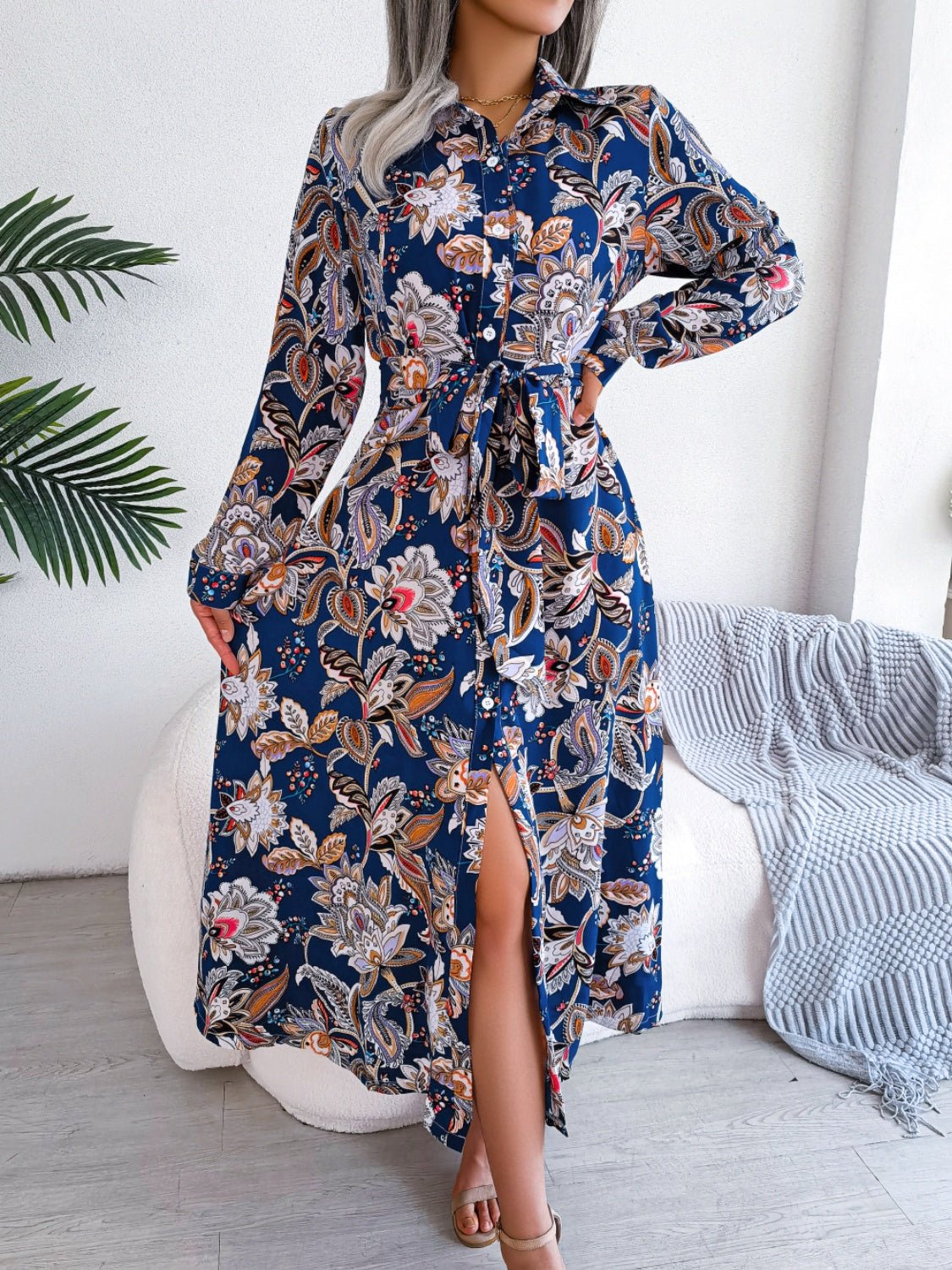 Tied Printed Long Sleeve Midi Dress - Flip Flop Dynasty