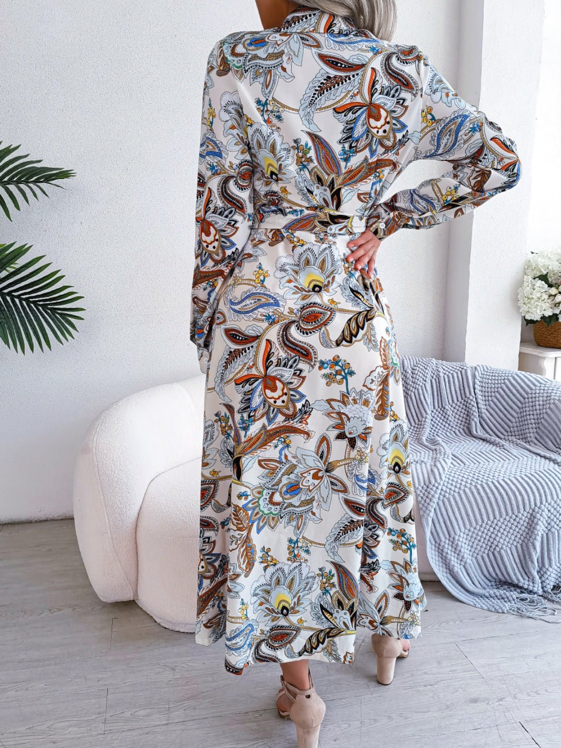 Tied Printed Long Sleeve Midi Dress - Flip Flop Dynasty