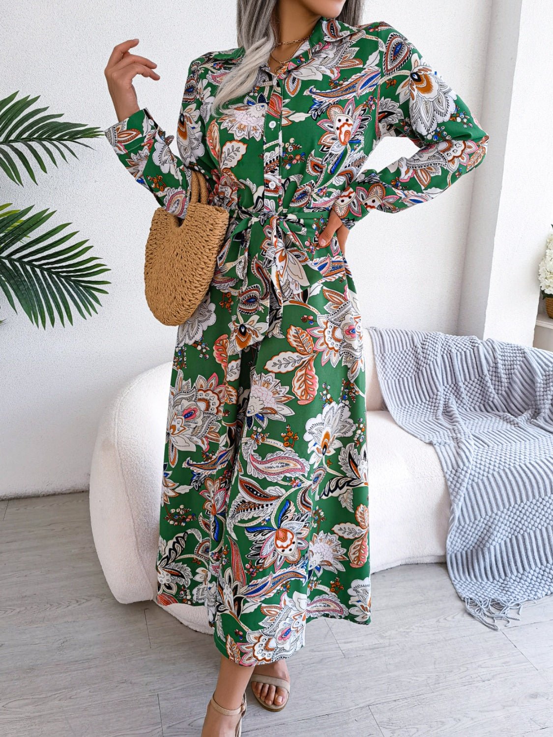 Tied Printed Long Sleeve Midi Dress - Flip Flop Dynasty