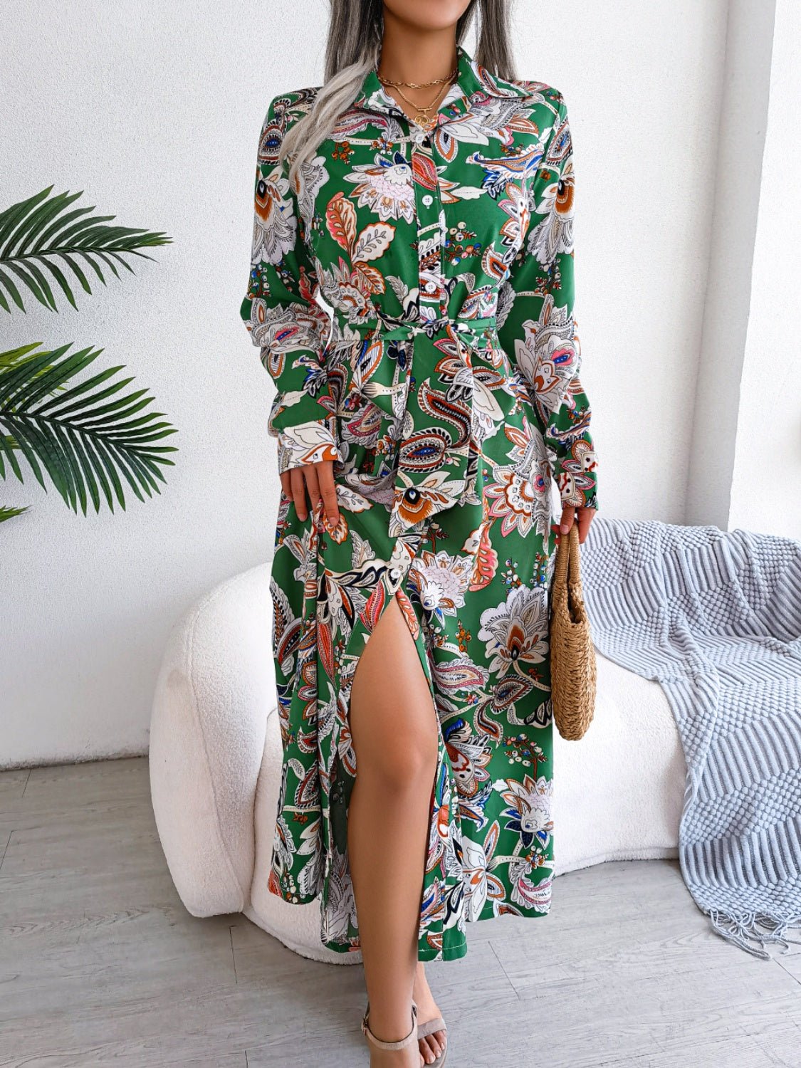 Tied Printed Long Sleeve Midi Dress - Flip Flop Dynasty