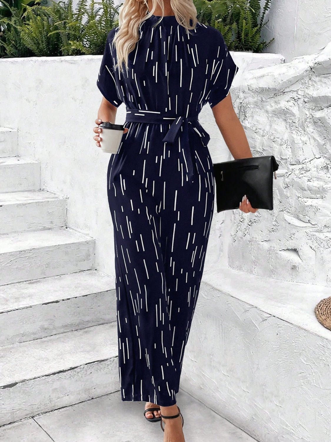 Tied Printed Mock Neck Wide Leg Jumpsuit - Flip Flop Dynasty