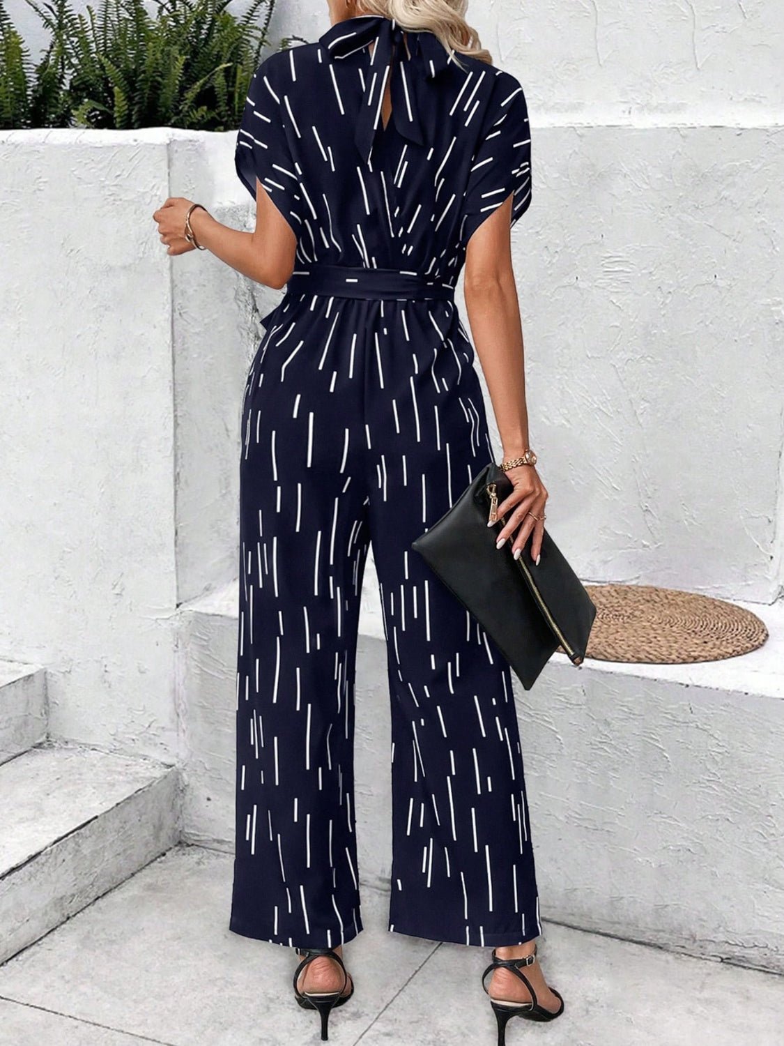 Tied Printed Mock Neck Wide Leg Jumpsuit - Flip Flop Dynasty