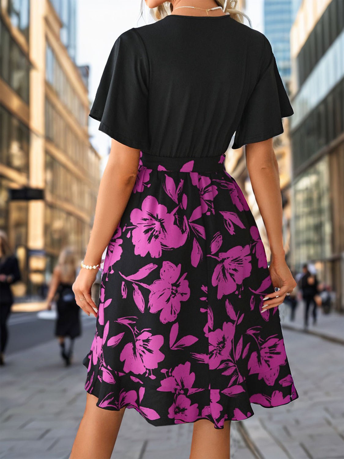 Tied Printed Surplice Short Sleeve Dress - Flip Flop Dynasty