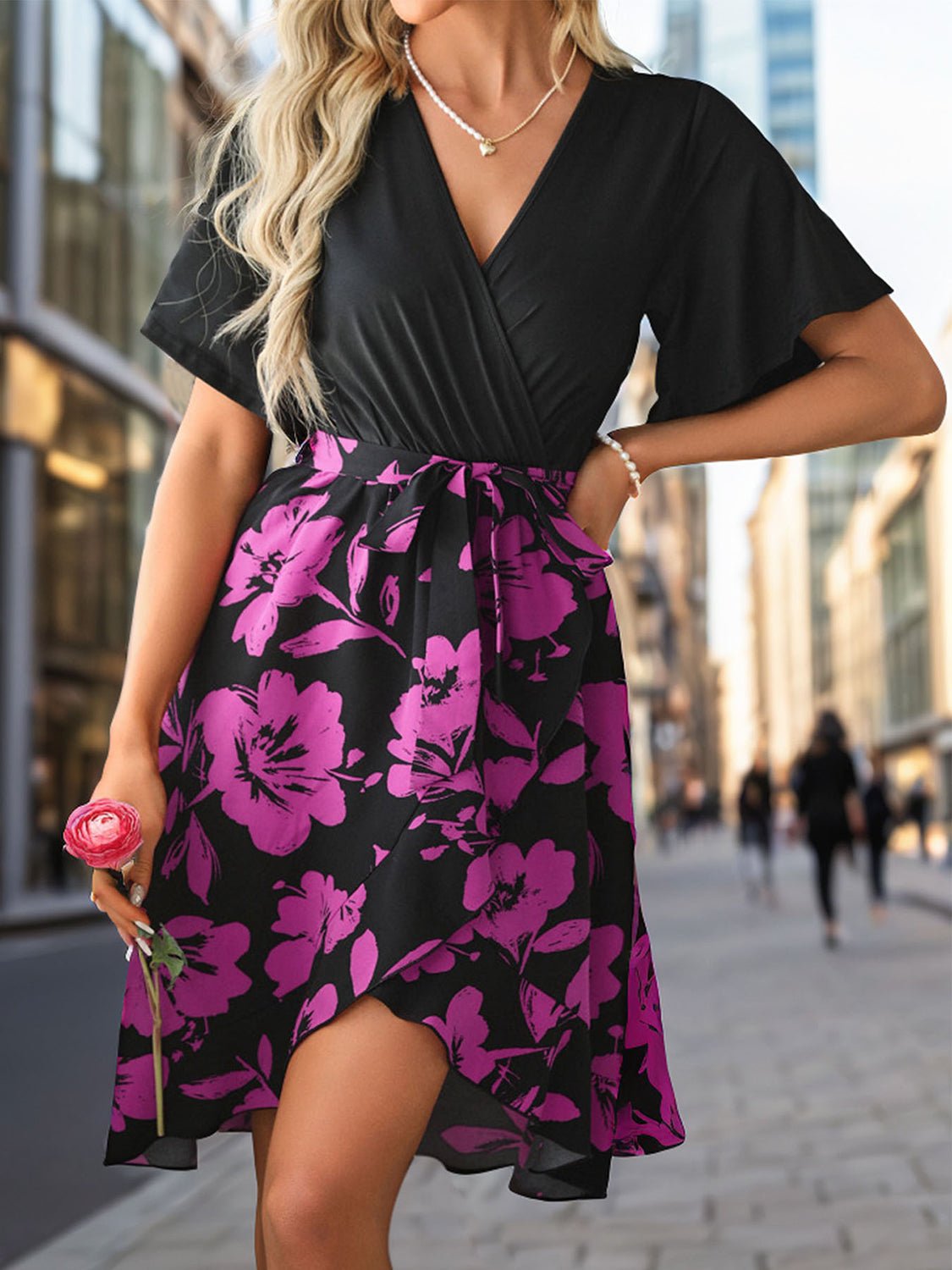 Tied Printed Surplice Short Sleeve Dress - Flip Flop Dynasty