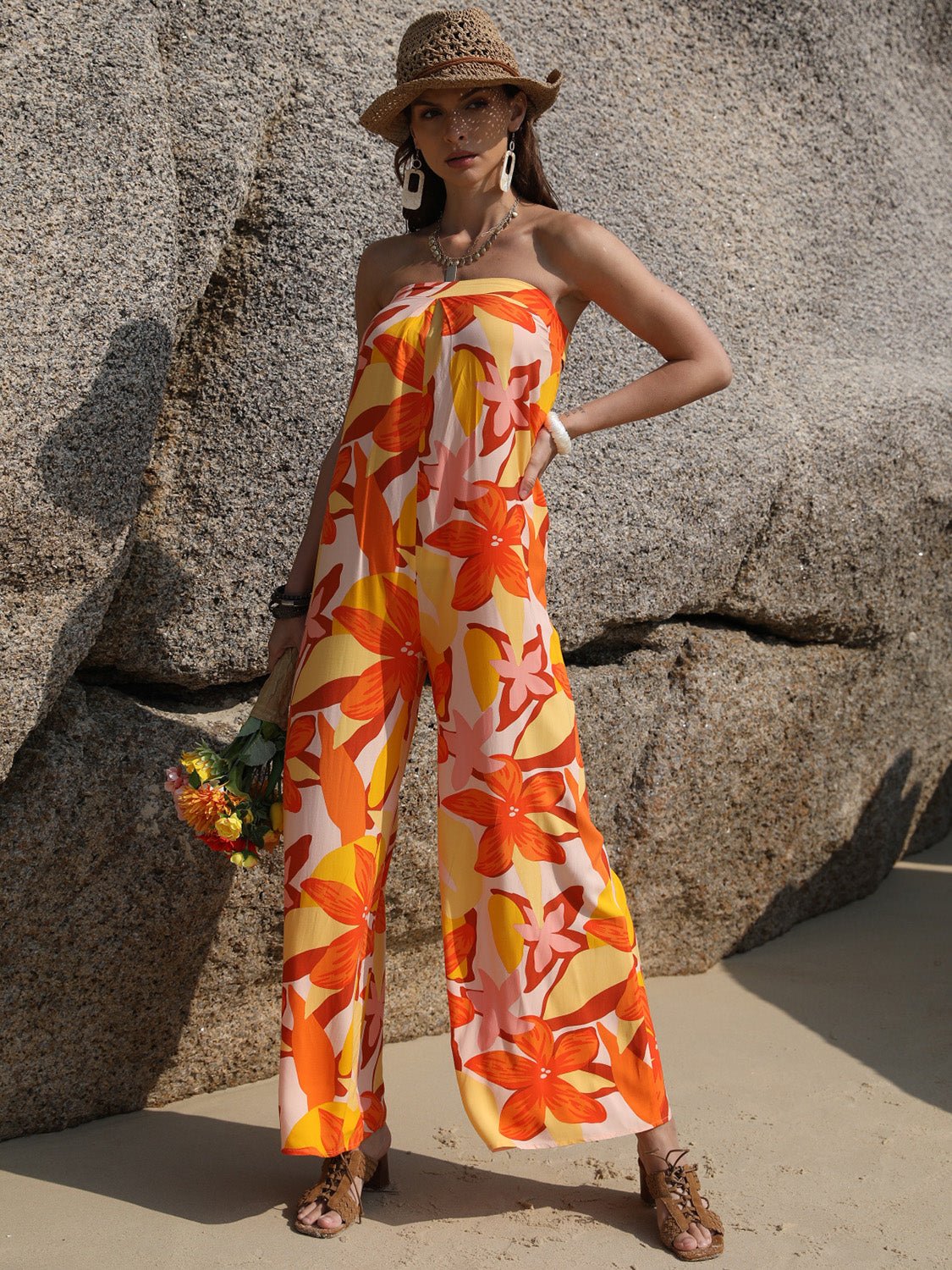 Tied Printed Tube Wide Leg Jumpsuit - Flip Flop Dynasty