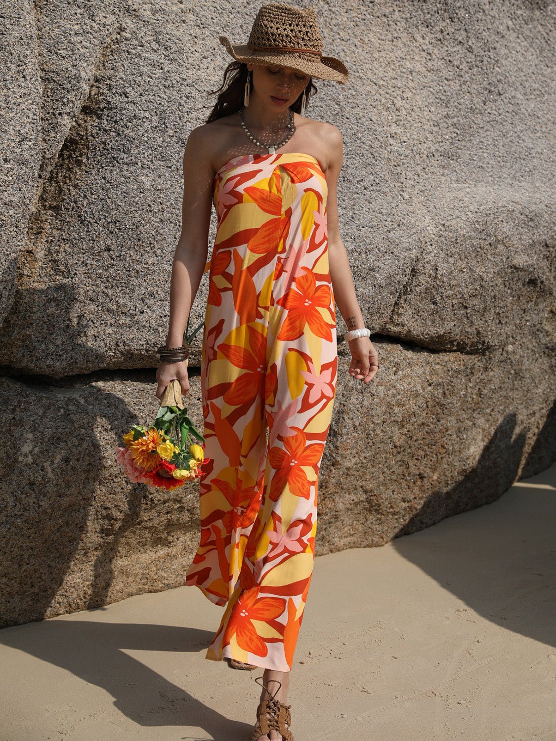 Tied Printed Tube Wide Leg Jumpsuit - Flip Flop Dynasty
