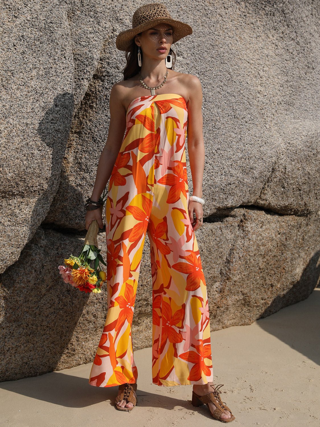 Tied Printed Tube Wide Leg Jumpsuit - Flip Flop Dynasty