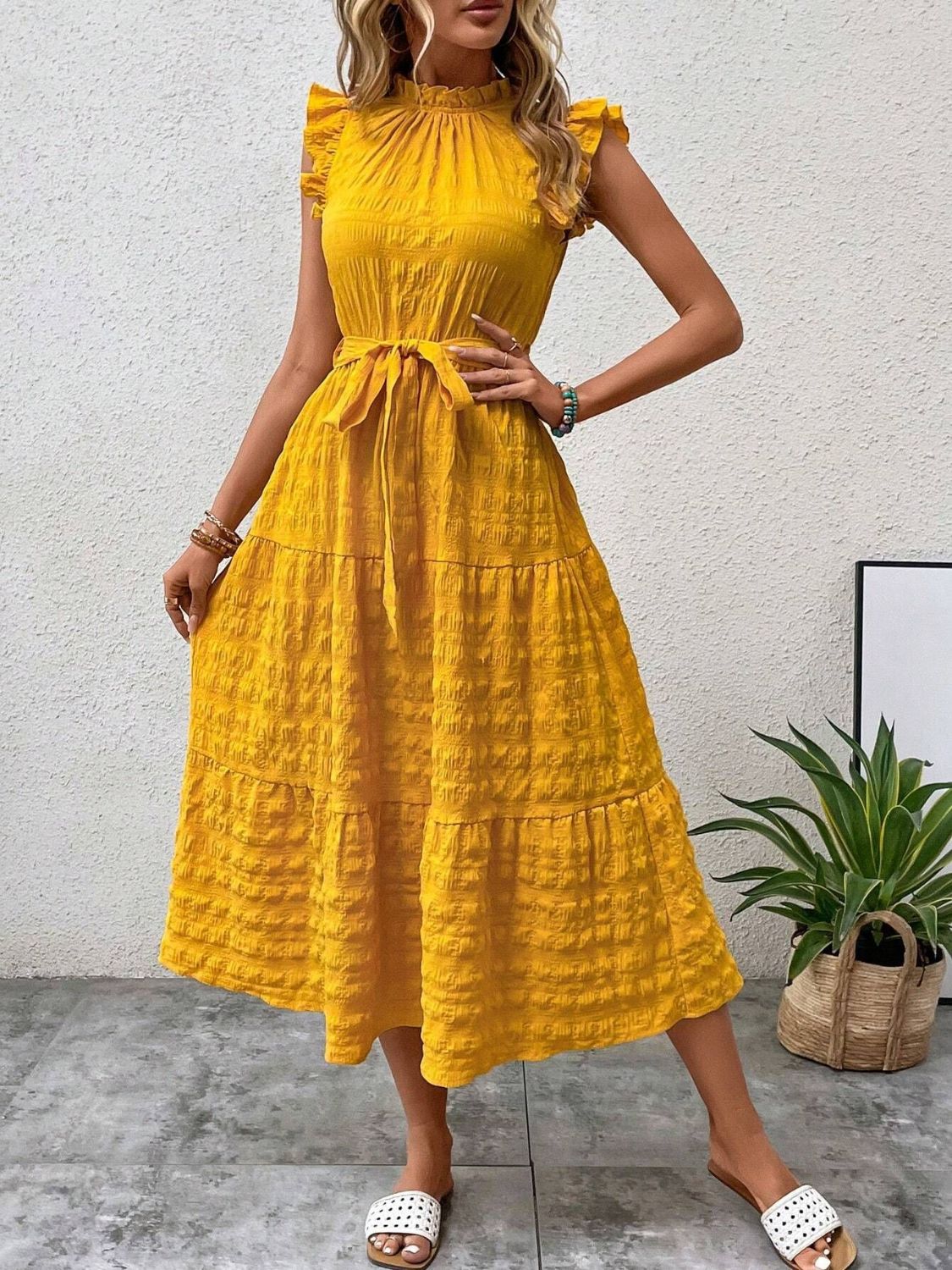 Tied Ruffled Cap Sleeve Midi Dress - Flip Flop Dynasty
