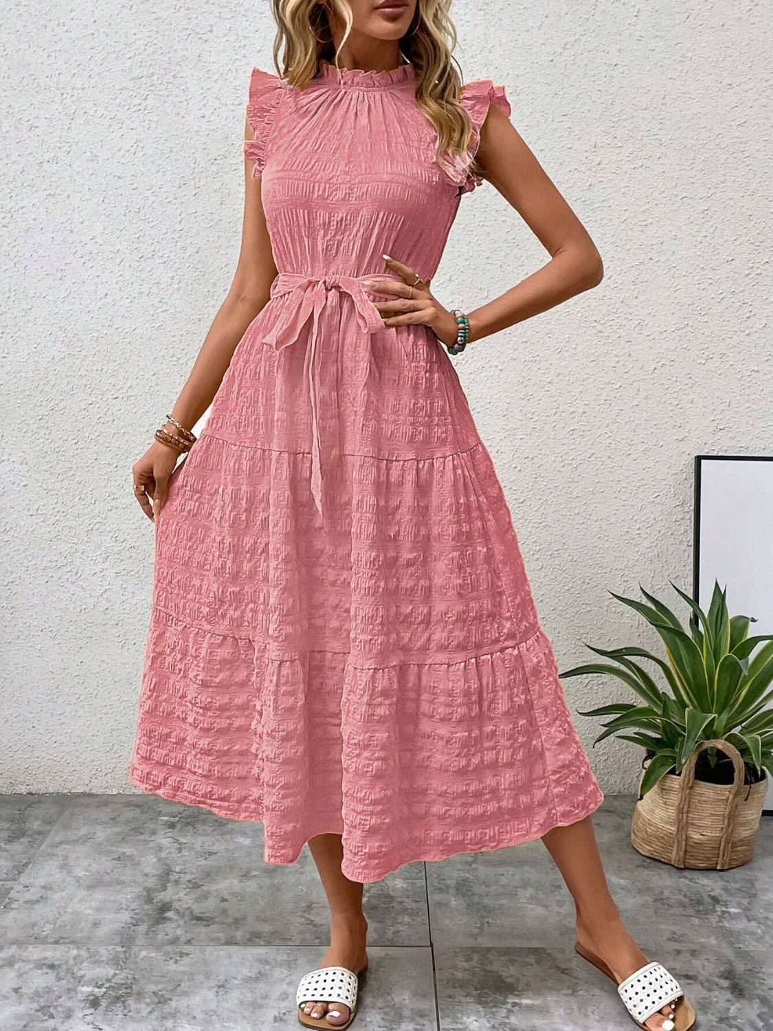 Tied Ruffled Cap Sleeve Midi Dress - Flip Flop Dynasty