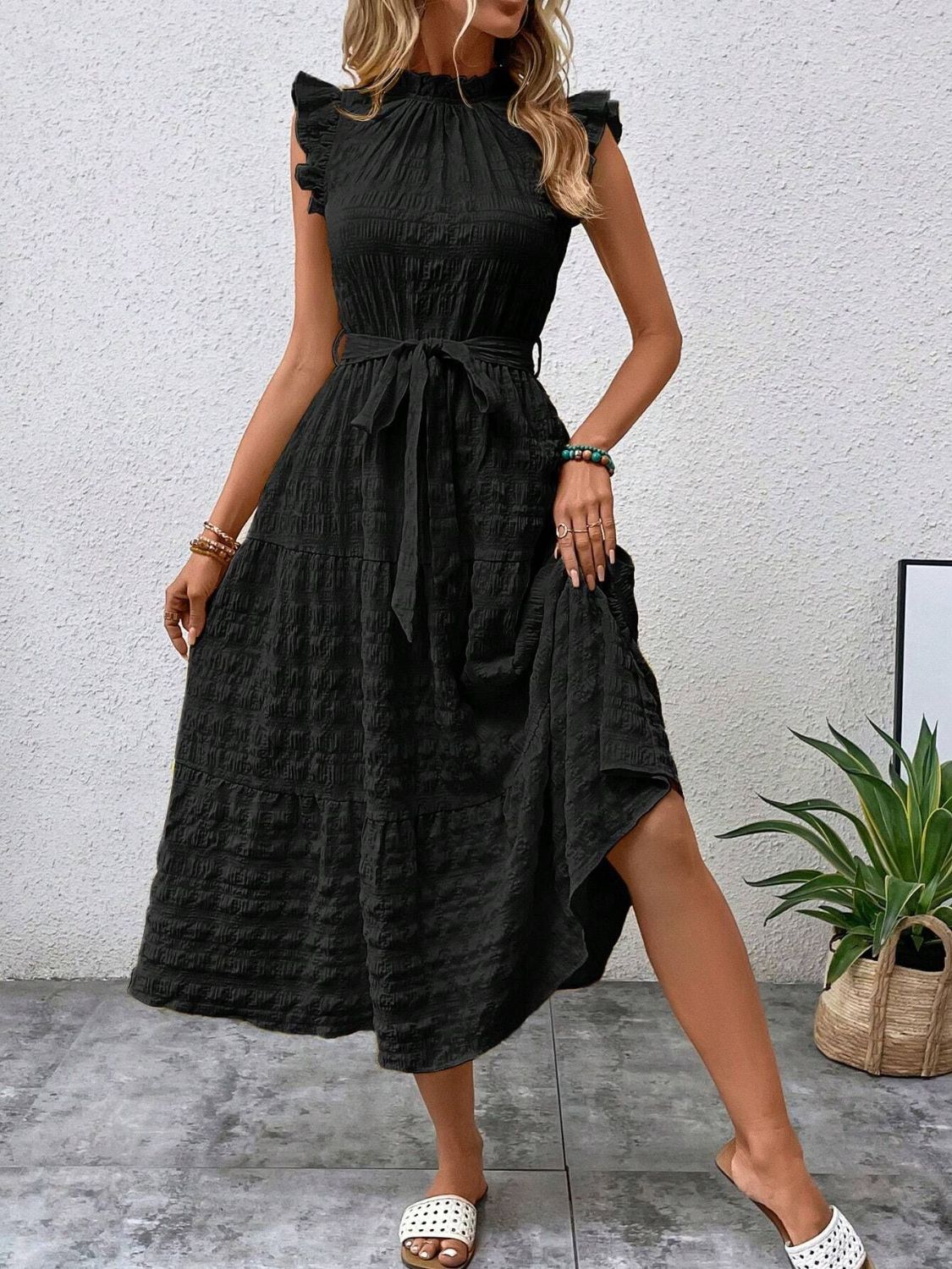 Tied Ruffled Cap Sleeve Midi Dress - Flip Flop Dynasty