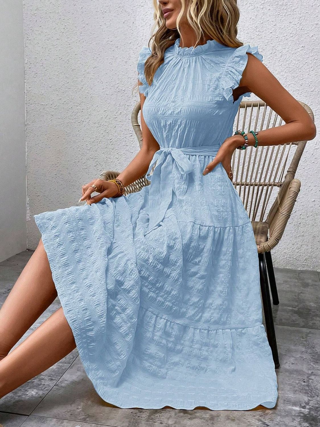 Tied Ruffled Cap Sleeve Midi Dress - Flip Flop Dynasty