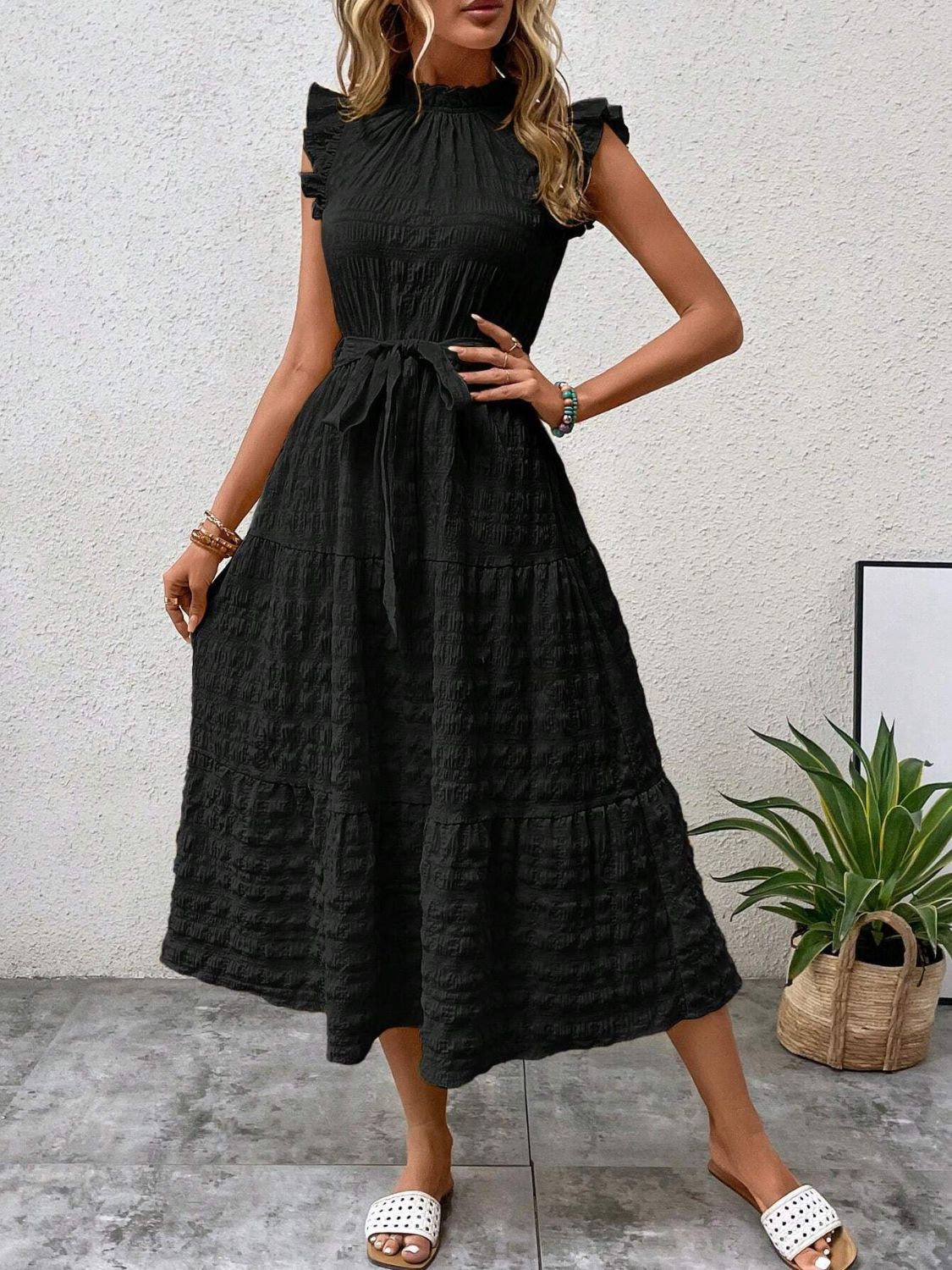 Tied Ruffled Cap Sleeve Midi Dress - Flip Flop Dynasty