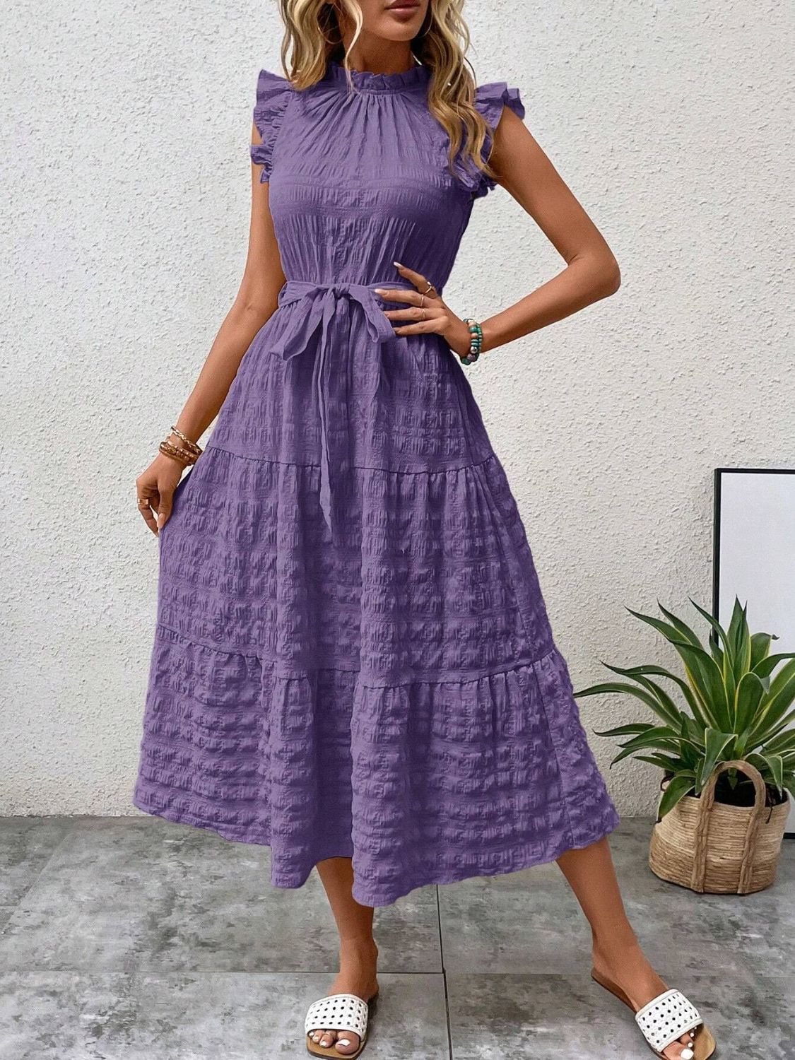 Tied Ruffled Cap Sleeve Midi Dress - Flip Flop Dynasty