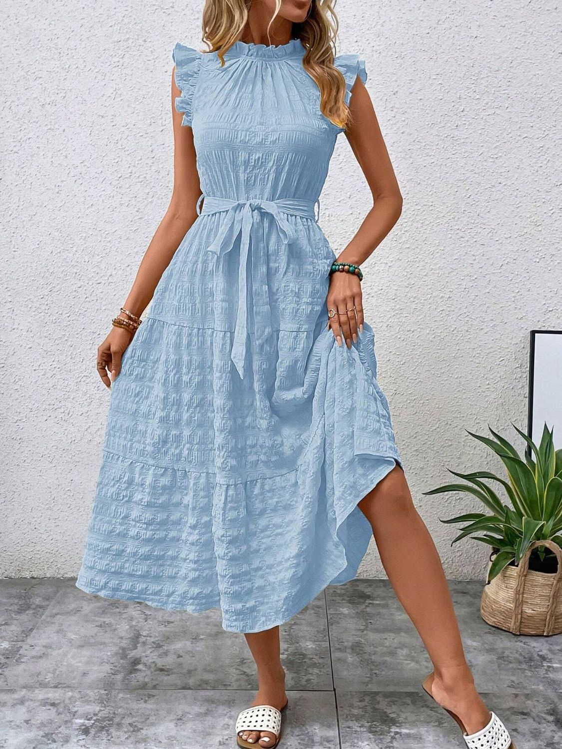 Tied Ruffled Cap Sleeve Midi Dress - Flip Flop Dynasty