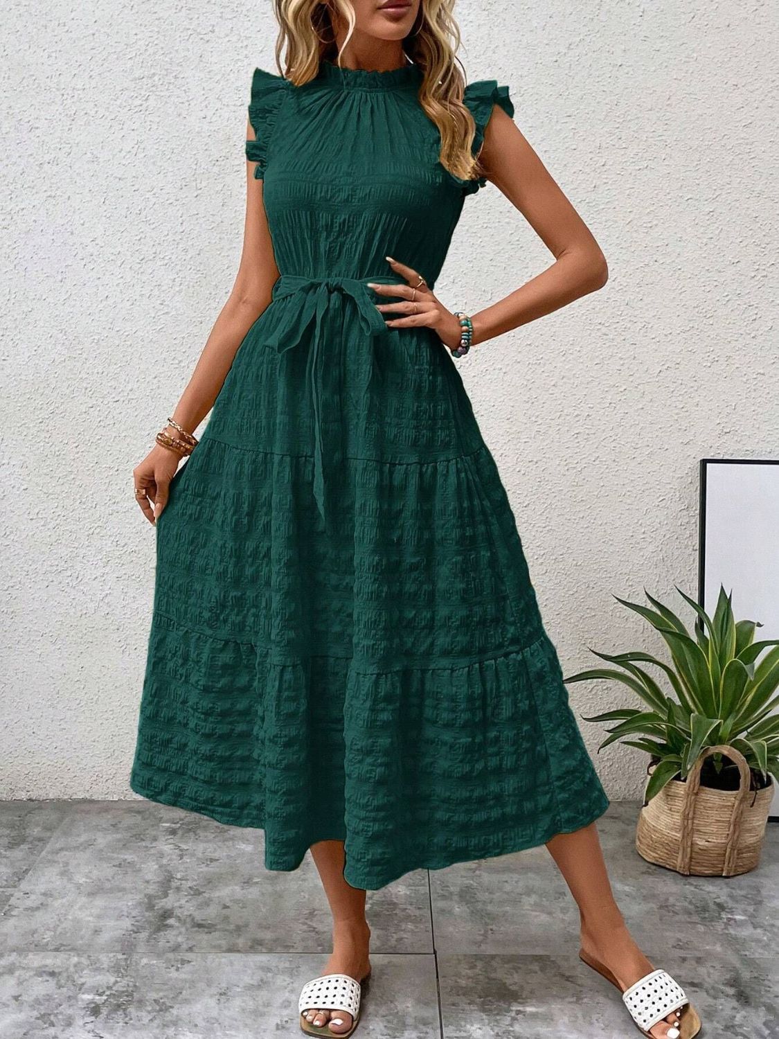 Tied Ruffled Cap Sleeve Midi Dress - Flip Flop Dynasty