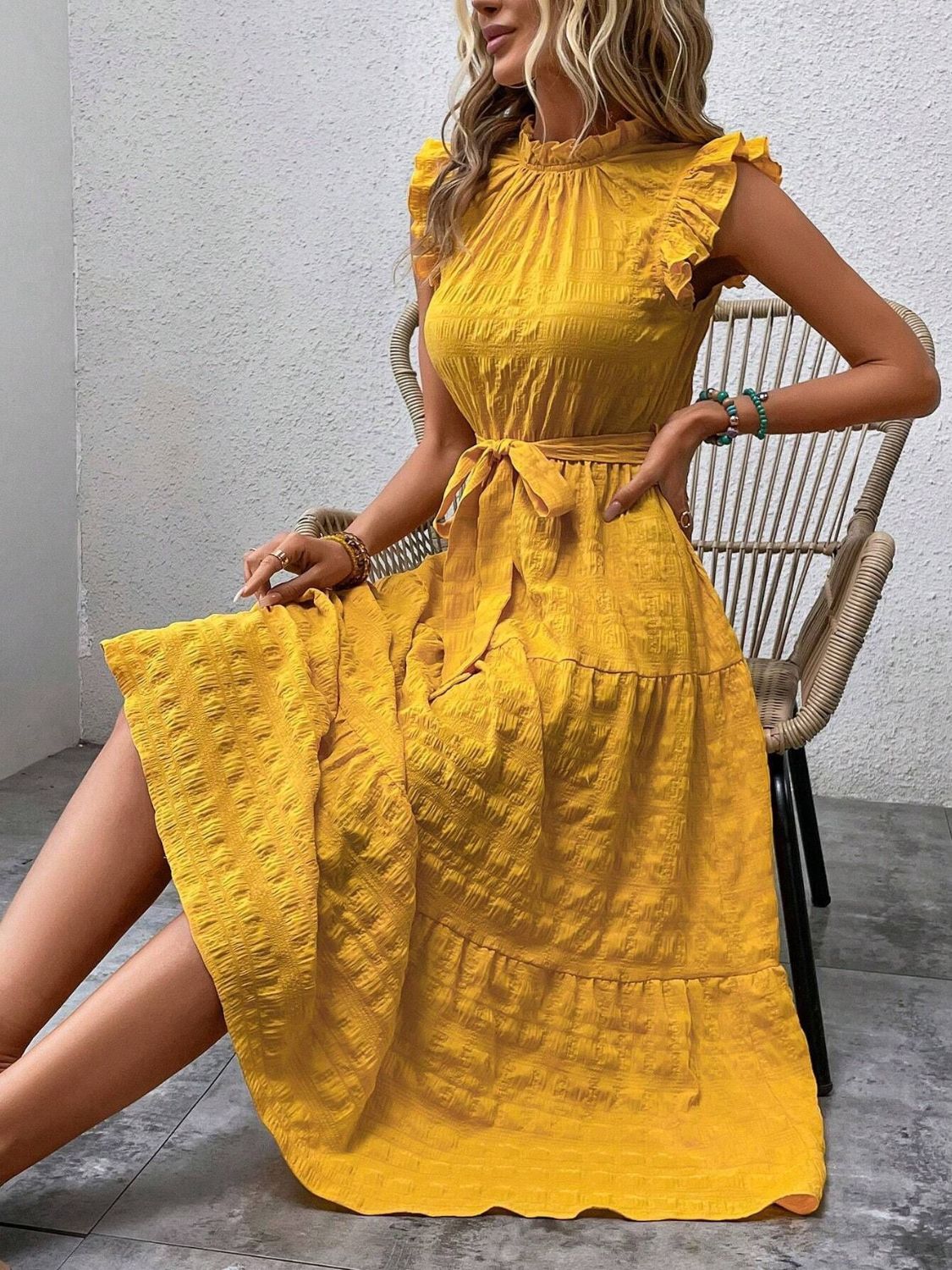 Tied Ruffled Cap Sleeve Midi Dress - Flip Flop Dynasty
