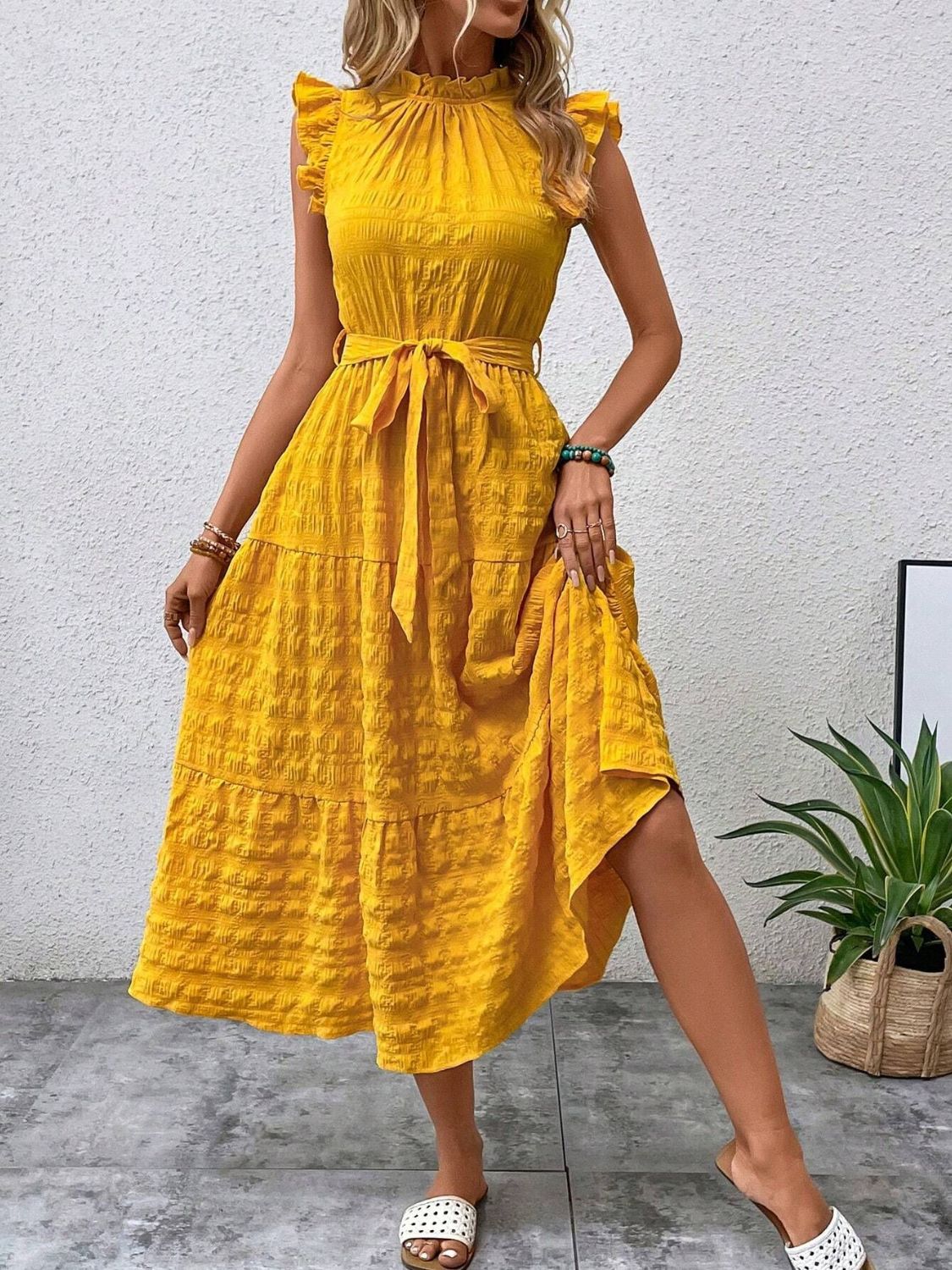 Tied Ruffled Cap Sleeve Midi Dress - Flip Flop Dynasty