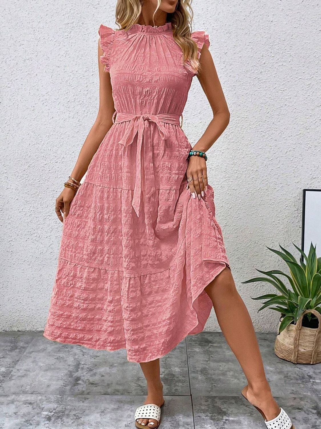 Tied Ruffled Cap Sleeve Midi Dress - Flip Flop Dynasty