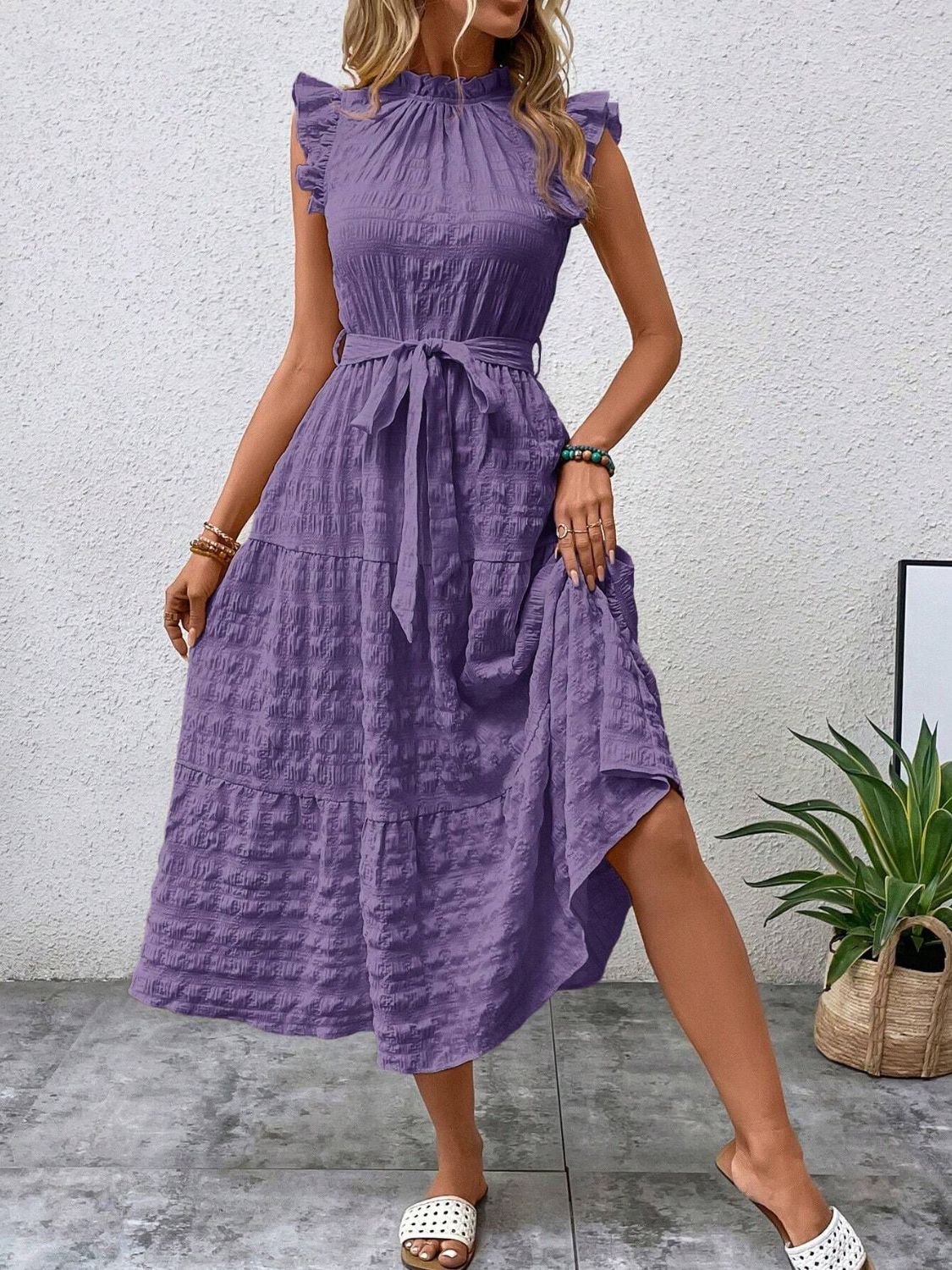 Tied Ruffled Cap Sleeve Midi Dress - Flip Flop Dynasty