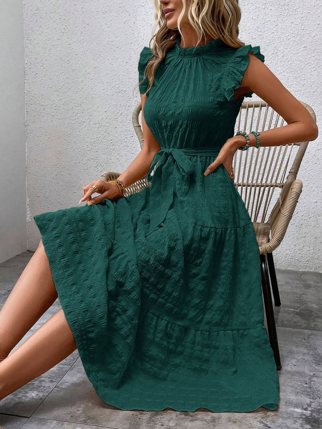 Tied Ruffled Cap Sleeve Midi Dress - Flip Flop Dynasty